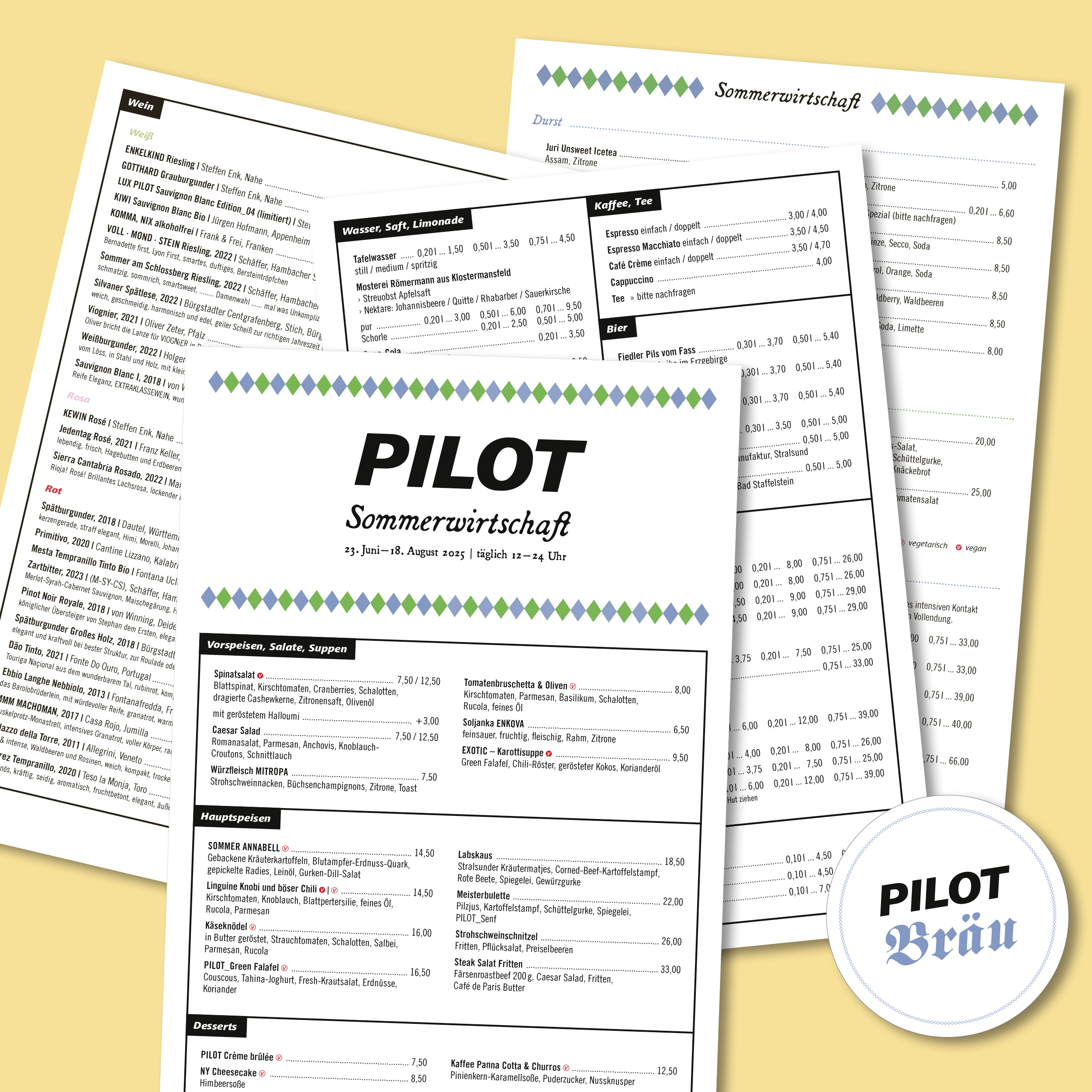 Speise-, Getraenke- und Menuekarten für das Restaurant PILOT in Leipzig